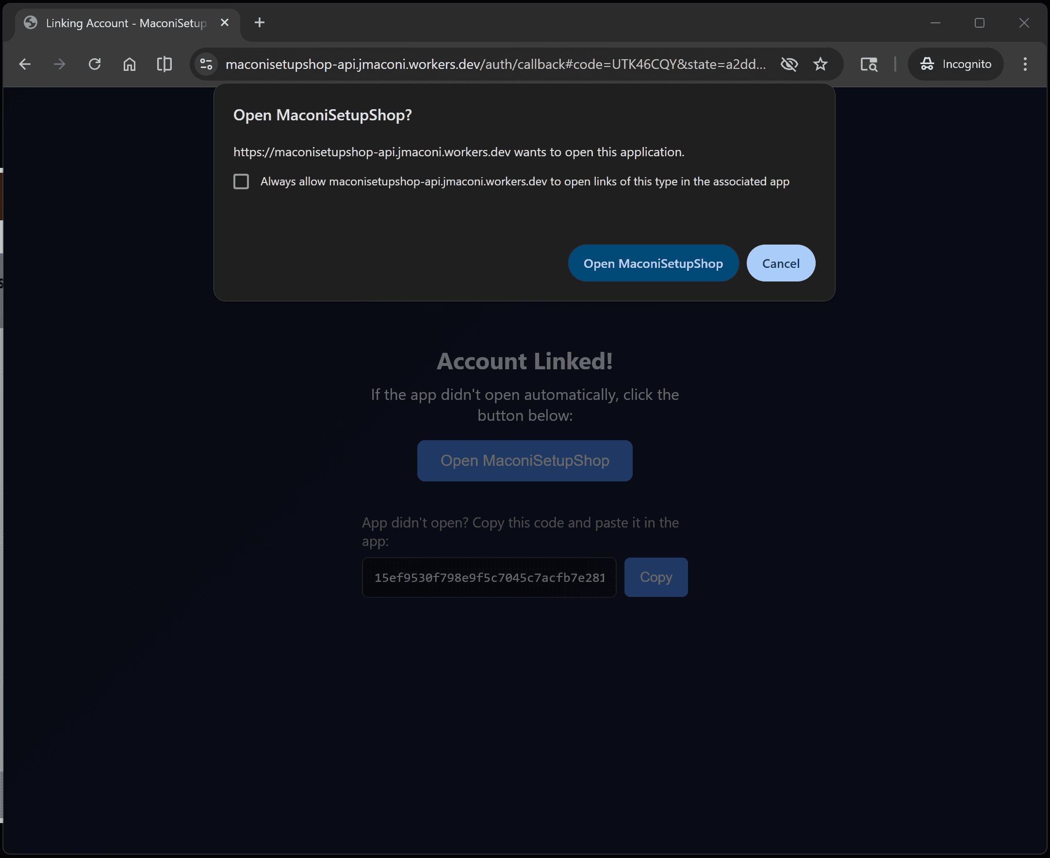MaconiSetupShop account linked in desktop app